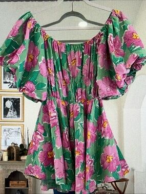 Floral Off-Shoulder Mini Dress in Pink and Green